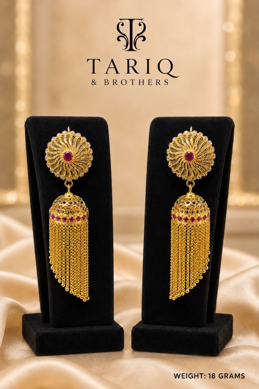 Tariq & Brothers Traditional Gold Jhumka Tassel Earrings