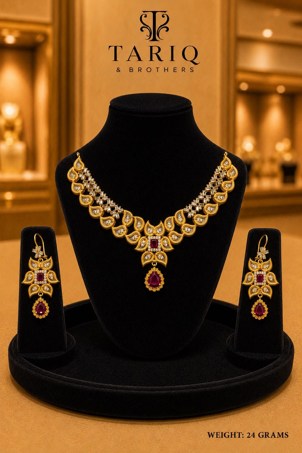 Tariq & Brothers Traditional Ruby Gold Necklace Set