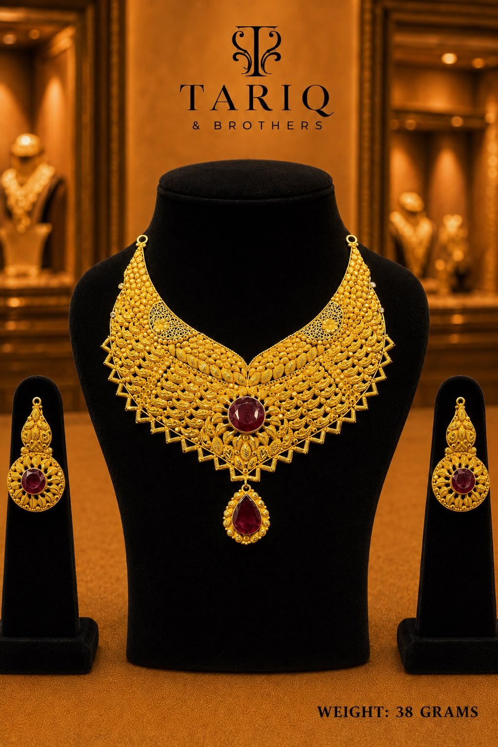 Tariq & Brothers Traditional Ruby Gold Necklace Set