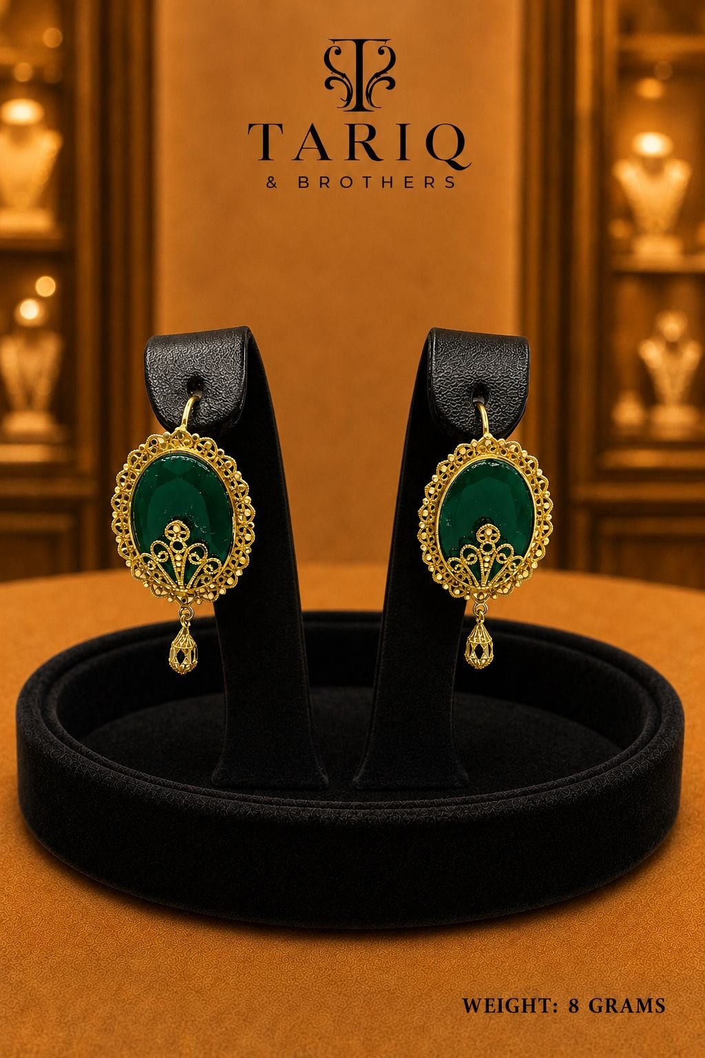 Tariq & Brothers Traditional Gold Green Stone Earrings